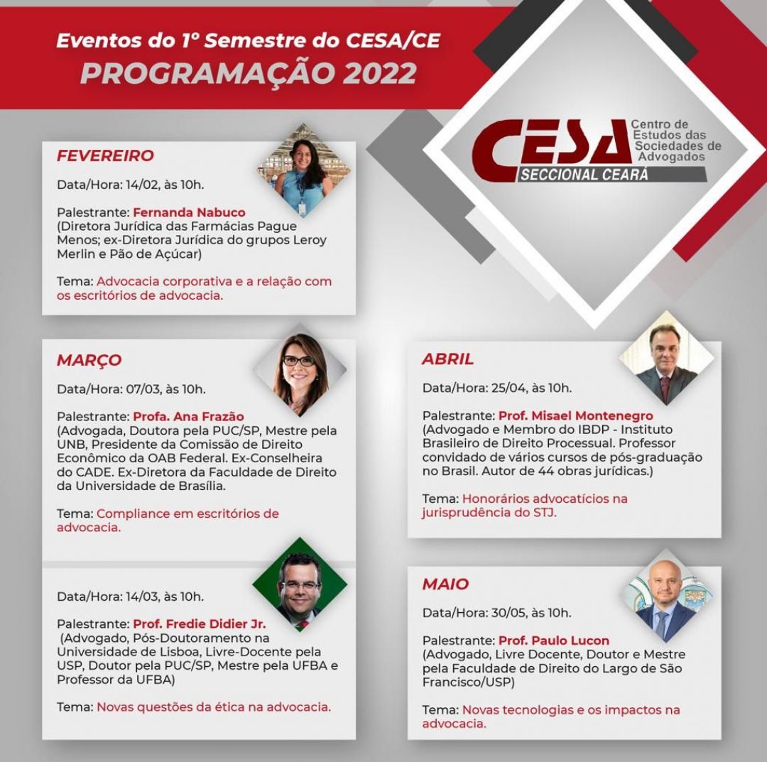 Ana Frazão participa de palestra promovida pelo Centro de Estudos das Sociedades de Advogados Ceará dia 07 de março às 10:00.