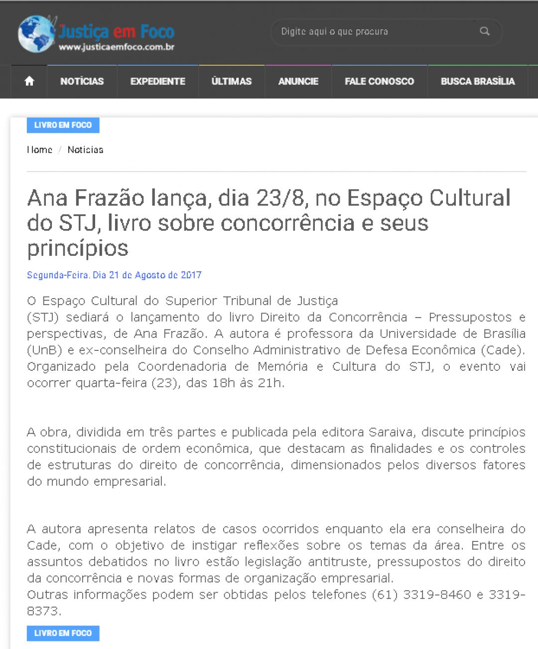 Justiça em Foco – Ana Frazão lança, dia 23/8, no Espaço Cultural do STJ, livro sobre concorrência e seus princípios