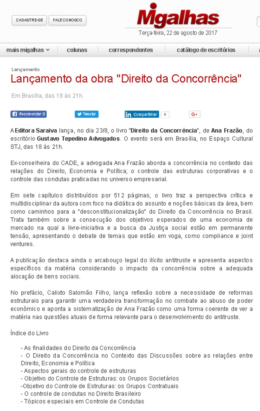 Migalhas -Lançamento da obra “Direito da Concorrência”