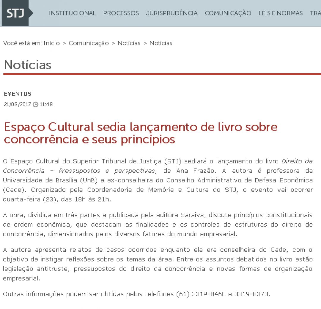 STJ – Espaço Cultural sedia lançamento de livro sobre concorrência e seus princípios