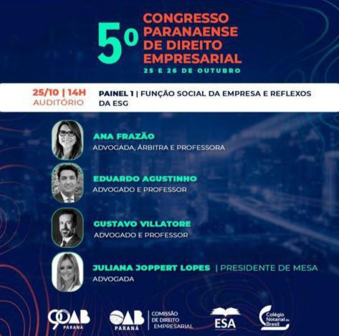 Ana Frazão participa do 5º Congresso Paranaense de Direito Empresarial dia 25 de outubro às 14:00 horas.