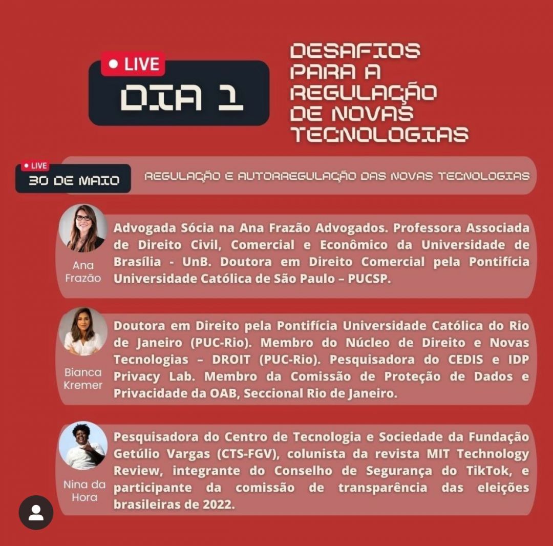 Ana Frazão participa da 2º edição do curso da Red|UnB e comenta sobre os Desafios Para a Regulação de Novas Tecnologias dia 30 de maio às 09:00.