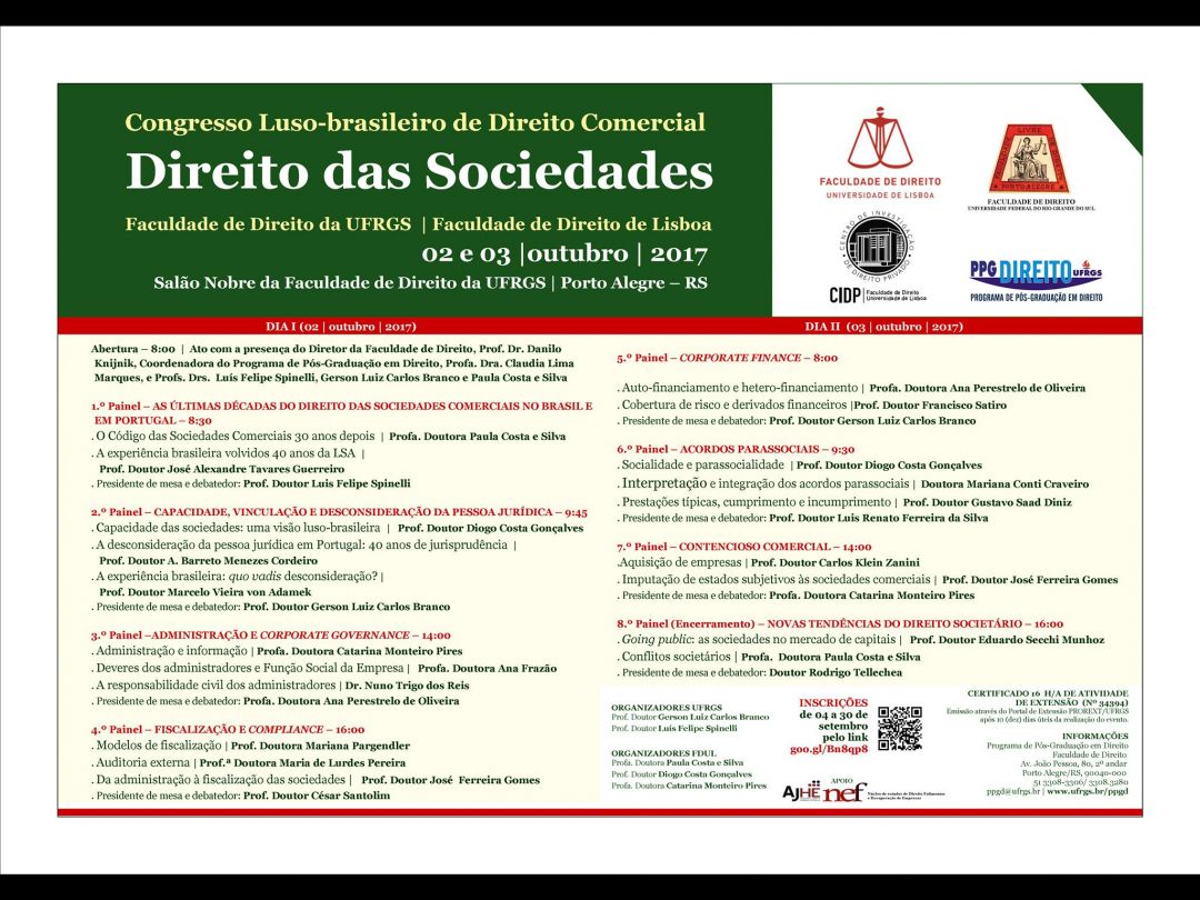 Congresso Luso Brasileiro de Direito Comercial – Direito das Sociedades acontece em Porto Alegre nos dias 2 e 3 de novembro
