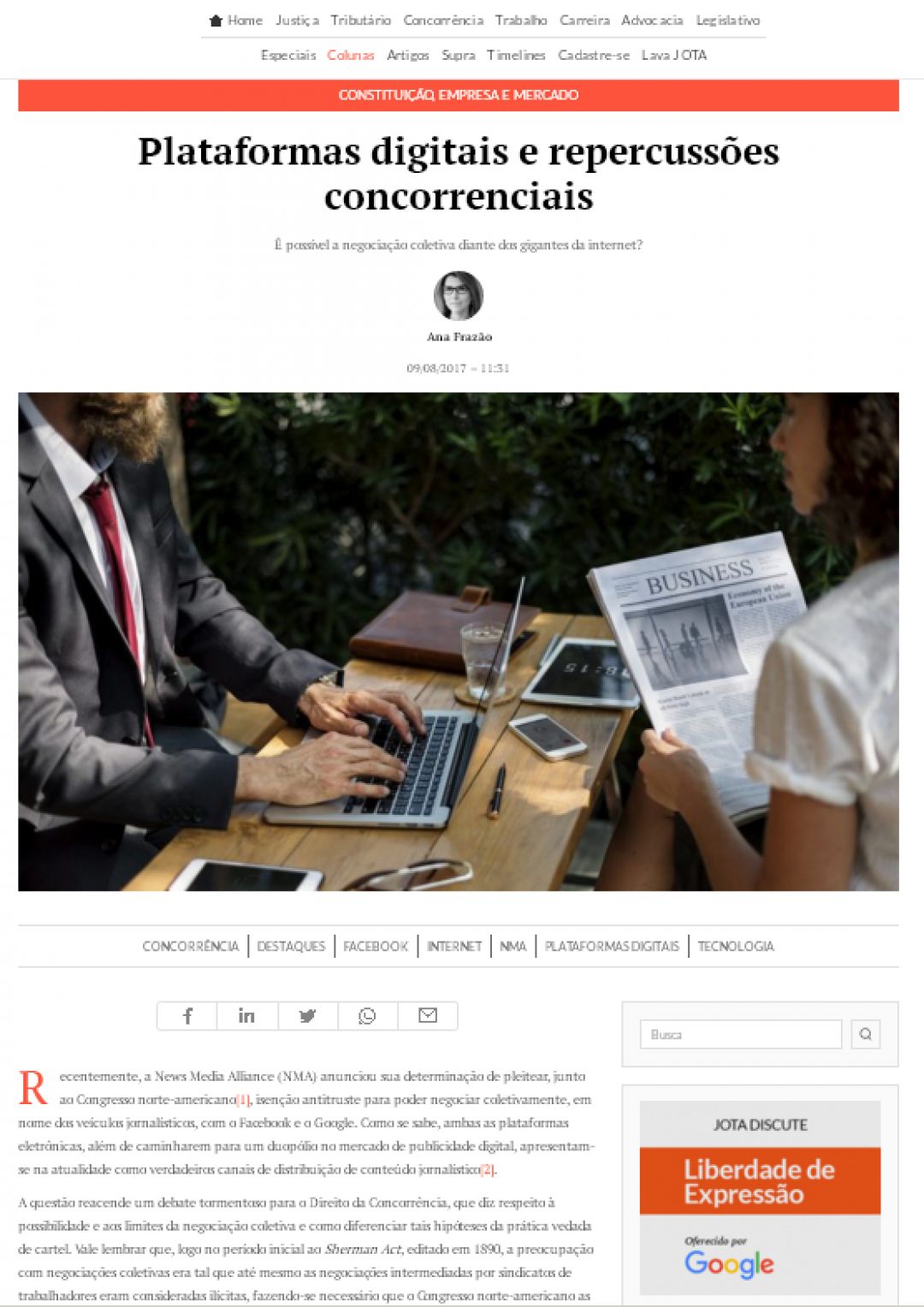 ARTIGO JOTA (09/08/2017) – Plataformas digitais e repercussões concorrenciais