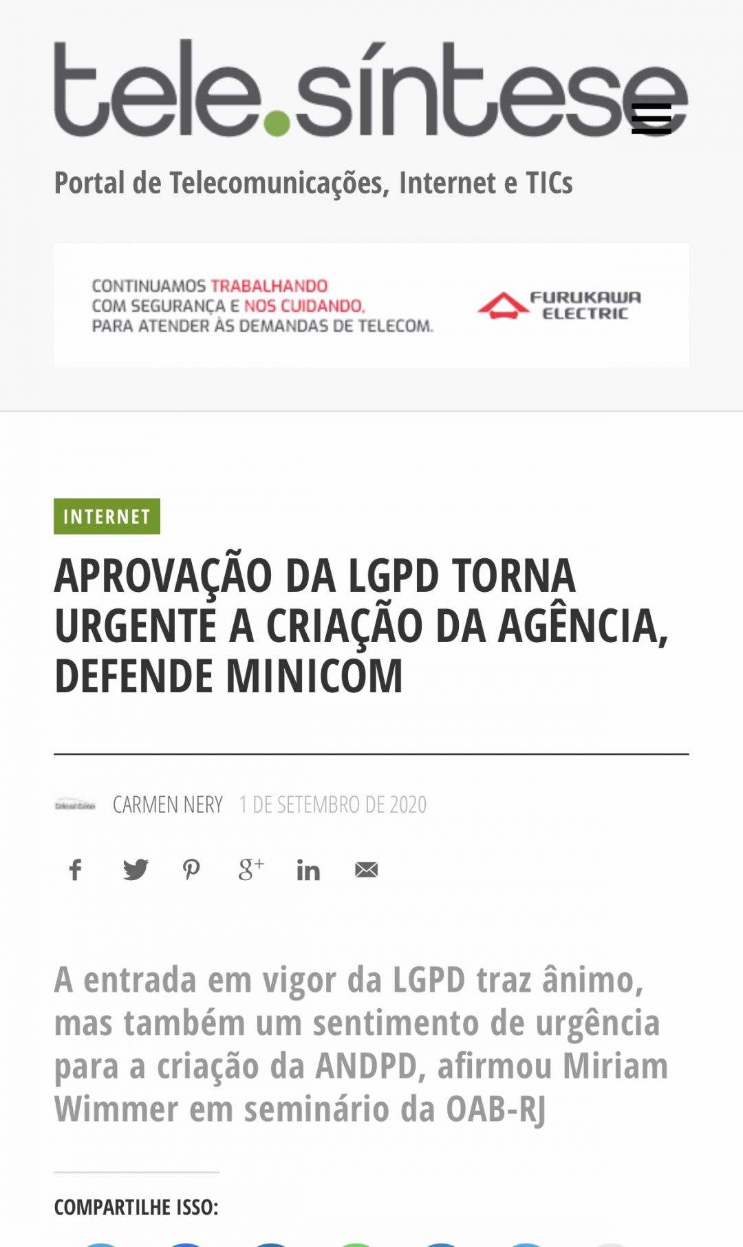 Reportagem da TELETIME menciona a avaliação da Professora Ana Frazão sobre as expectativas relacionadas à entrada em vigor da LGPD