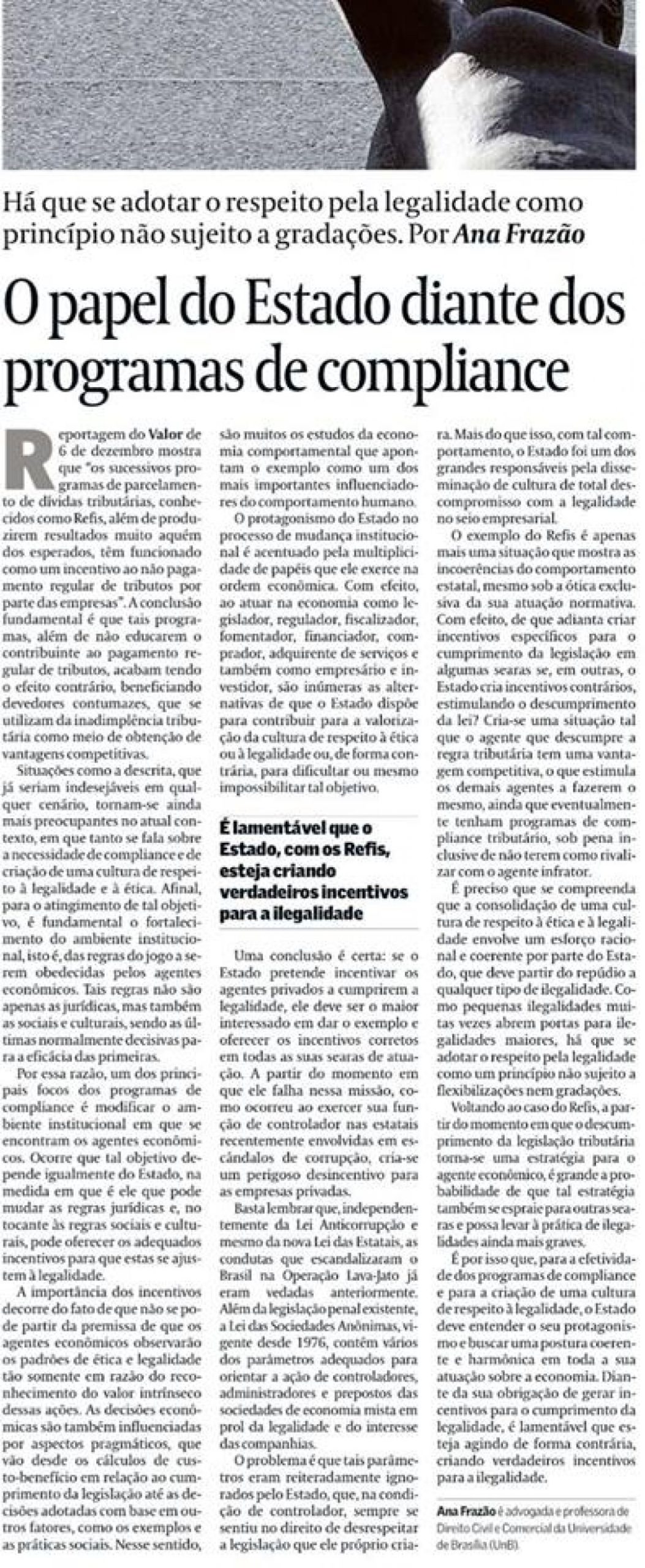 VALOR ECONÔMICO (29/12/2017) – O papel do Estado diante dos programas de compliance, por Ana Frazão