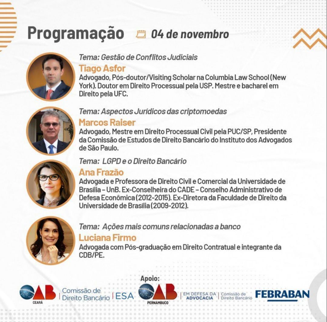 Ana Frazão participa do curso I Ciclo de Estudos em Direito Bancário promovido pela OAB Ceará dia 4 de novembro às 18:00 horas.
