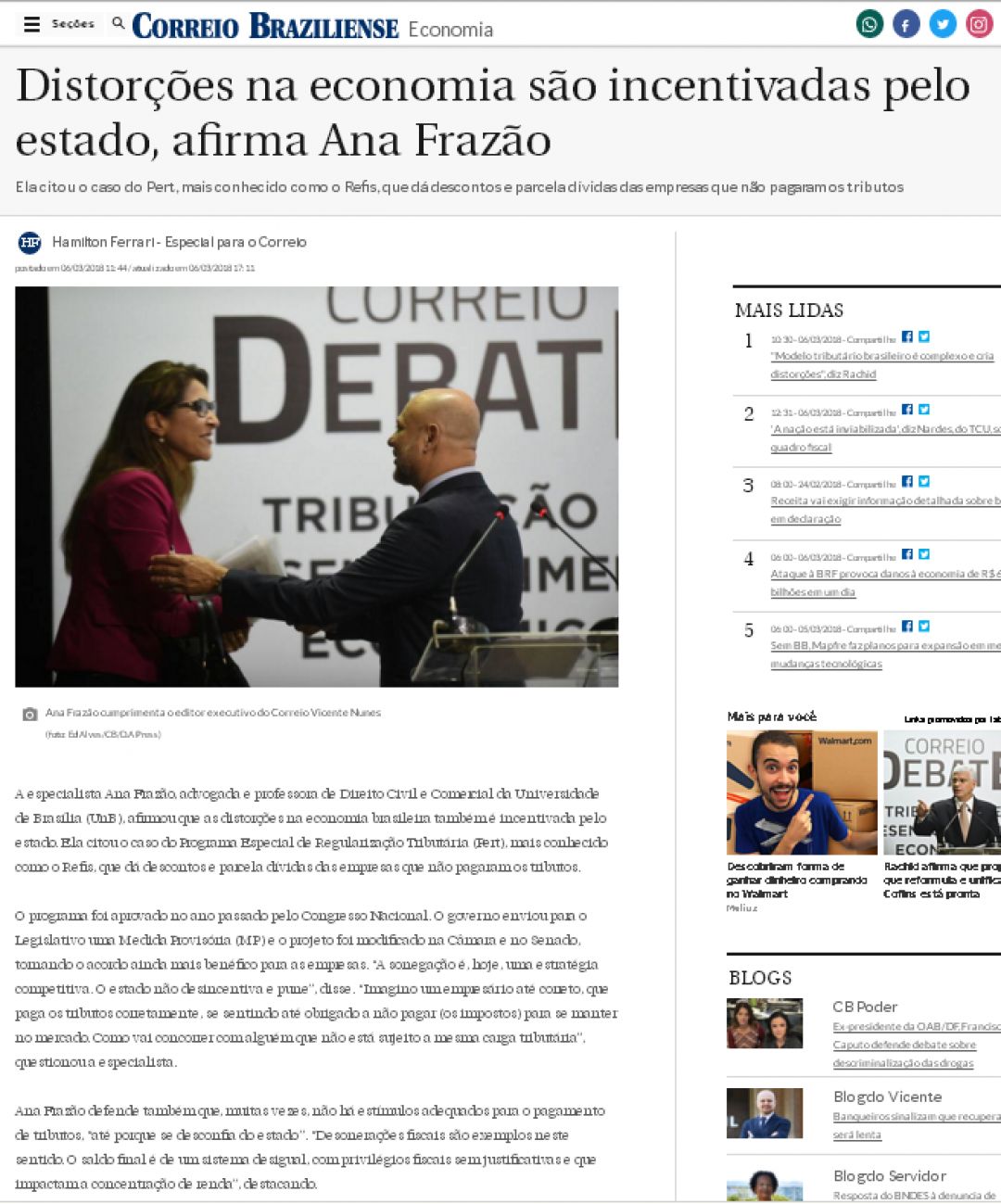 CORREIO BRAZILIENSE (06/03/2018) – Distorções na economia são incentivadas pelo estado, afirma Ana Frazão